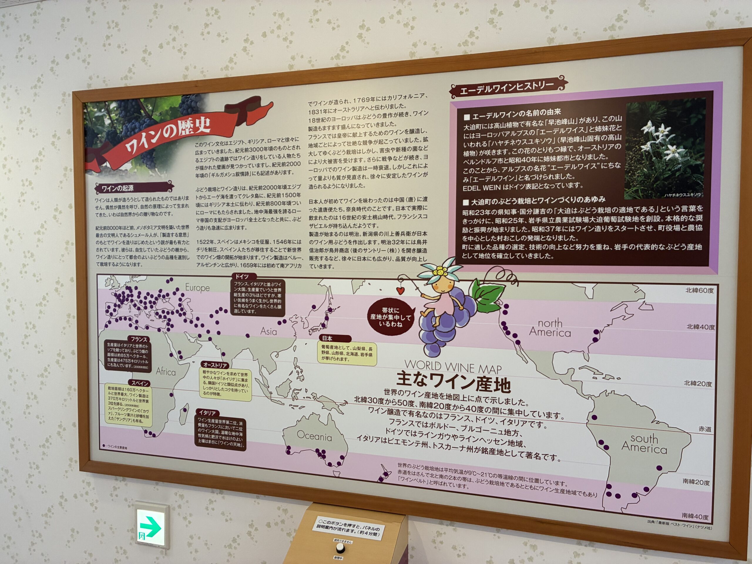 エーデルワインのワイナリー内展示。ワインの歴史とエーデルワインヒストリーの解説パネルと世界のワイン産地地図